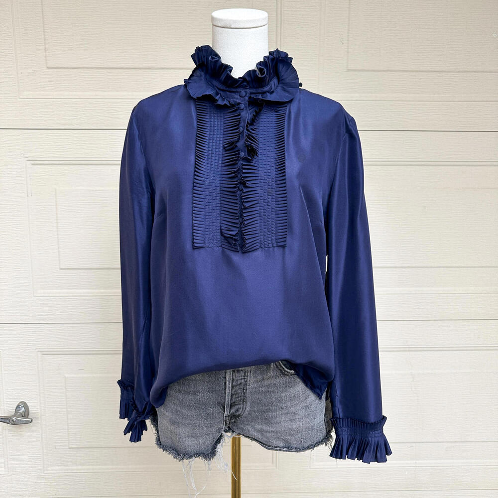 Soft Surroundings 100% Silk Ruffle Button Neck Blouse Women’s M Top